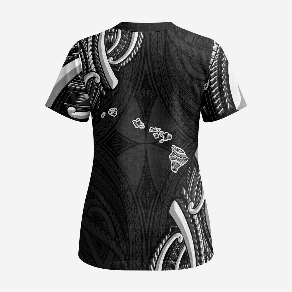 Traditional Art Hawaiian Kakau Tattoos Scrub Top White - Polynesian Pride