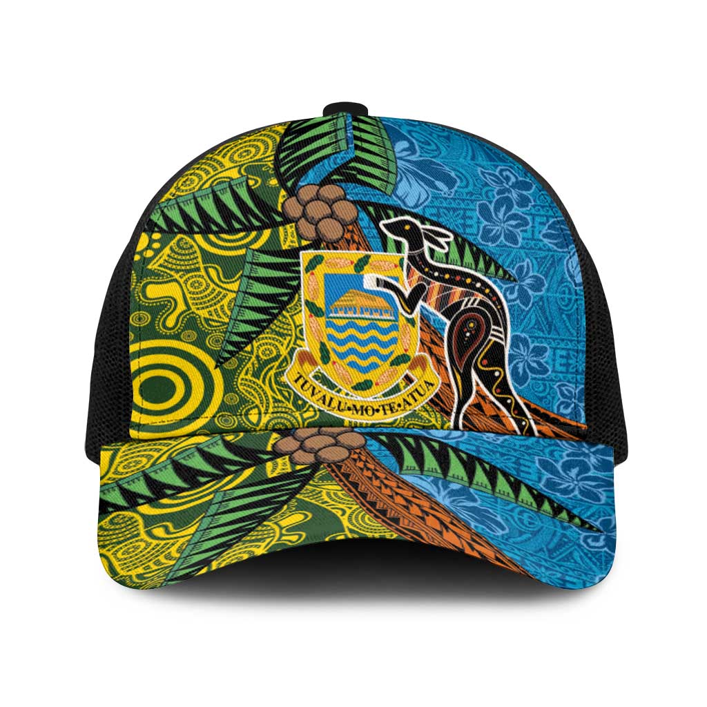 Tuvalu and Australia Together Baseball Net Cap Tapa Pattern and Aboriginal mix Culture LT03 One Size Black Multicolor - Polynesian Pride