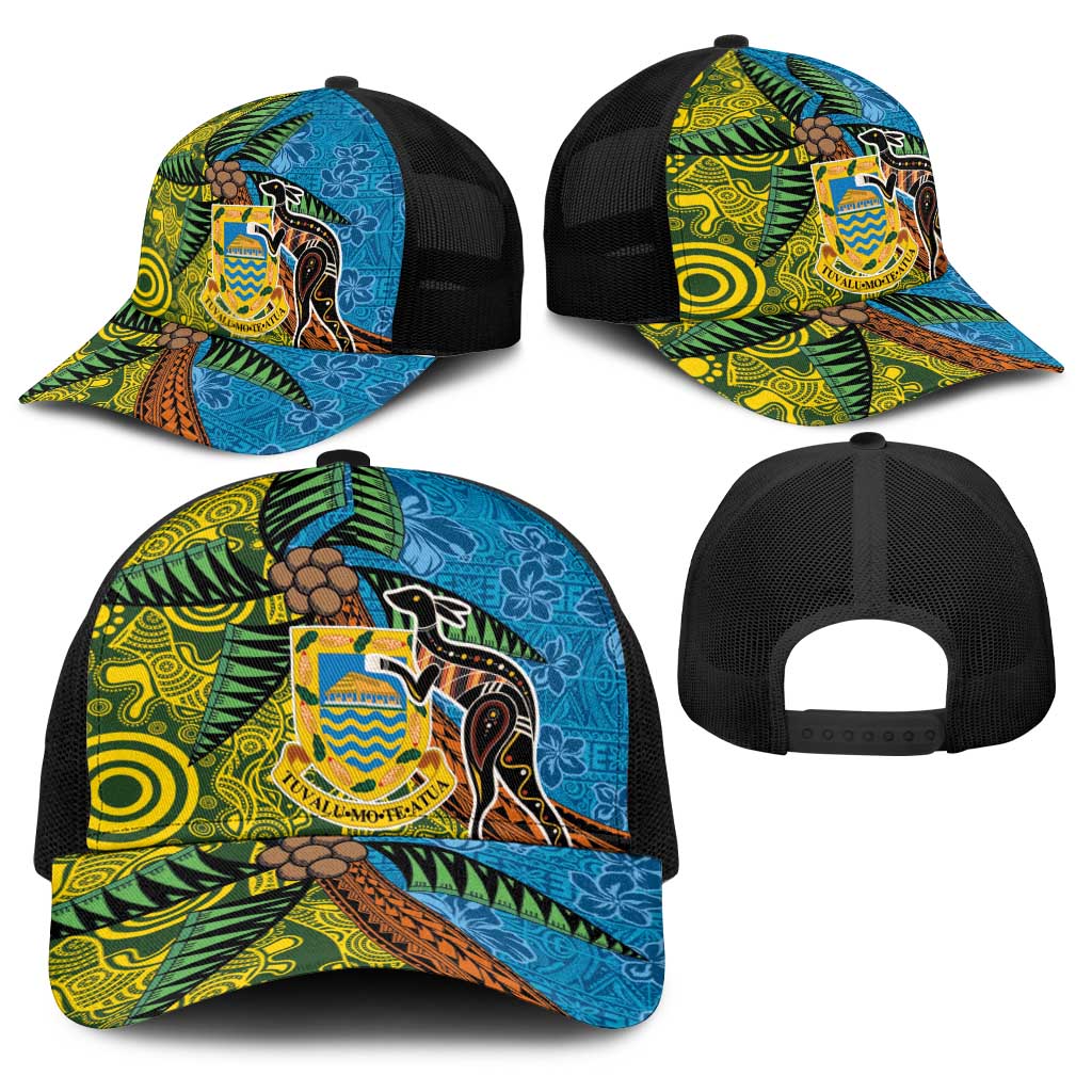 Tuvalu and Australia Together Baseball Net Cap Tapa Pattern and Aboriginal mix Culture LT03 - Polynesian Pride