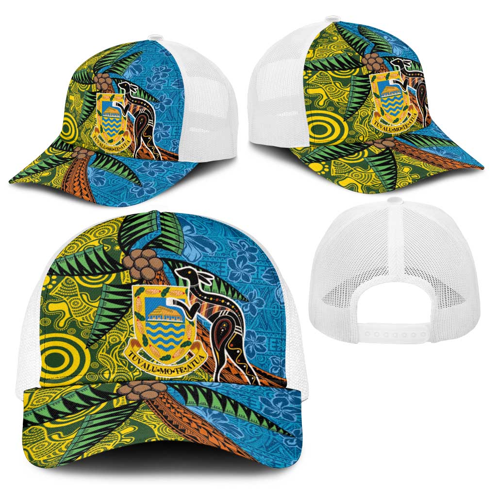 Tuvalu and Australia Together Baseball Net Cap Tapa Pattern and Aboriginal mix Culture LT03 - Polynesian Pride