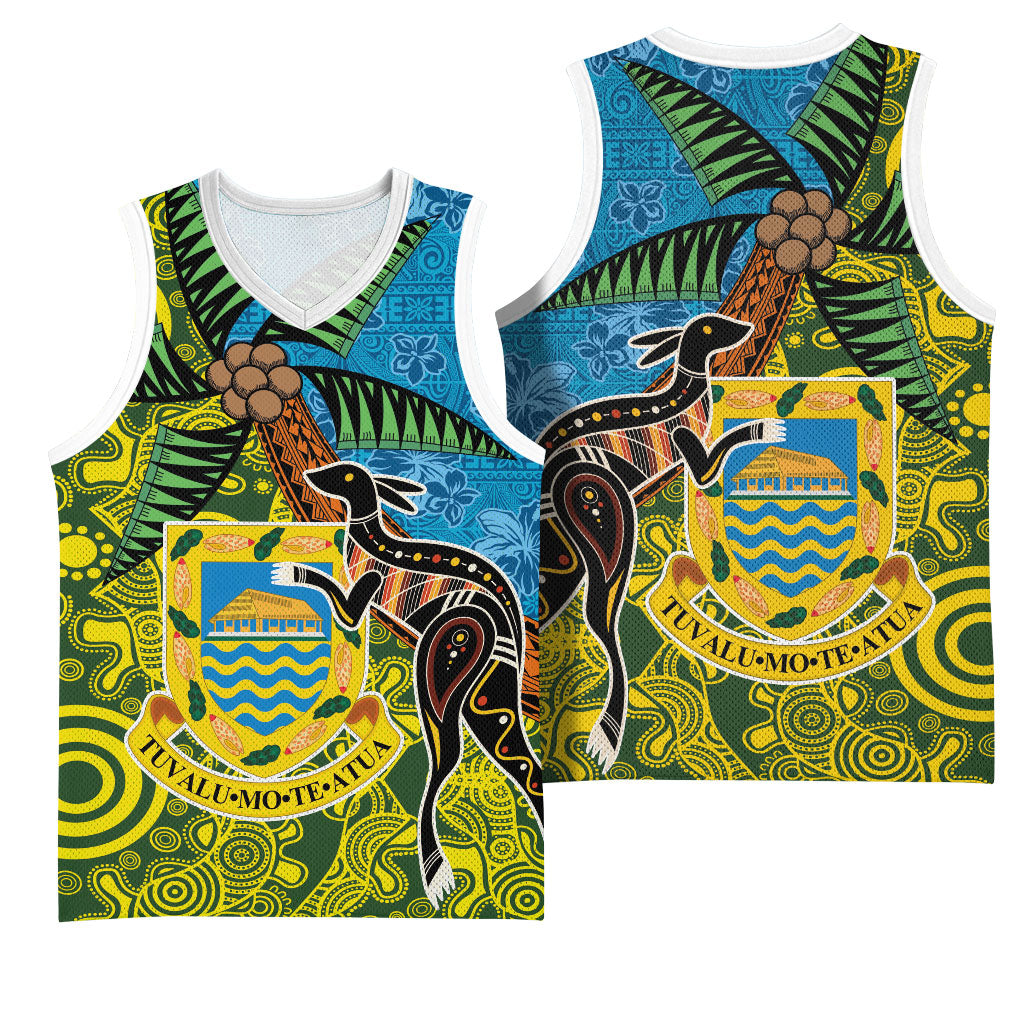 Tuvalu and Australia Together Basketball Jersey Tapa Pattern and Aboriginal mix Culture LT03 - Polynesian Pride