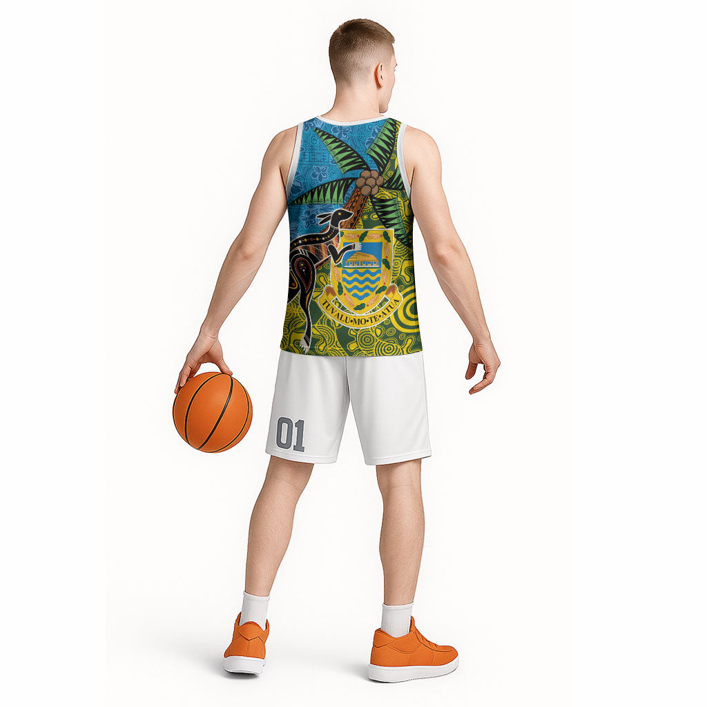 Tuvalu and Australia Together Basketball Jersey Tapa Pattern and Aboriginal mix Culture LT03 - Polynesian Pride