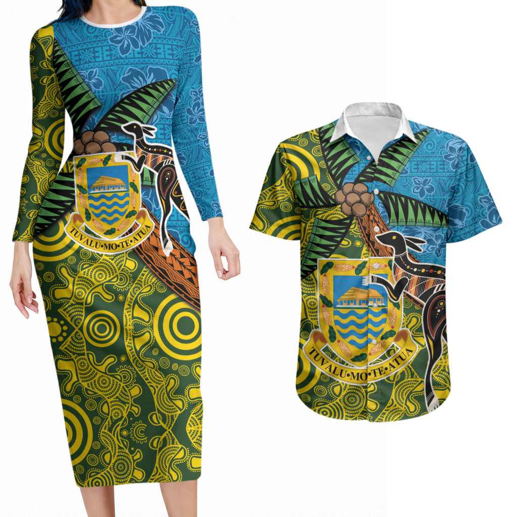 Tuvalu and Australia Together Couples Matching Long Sleeve Bodycon Dress and Hawaiian Shirt Tapa Pattern and Aboriginal mix Culture LT03 Multicolor - Polynesian Pride
