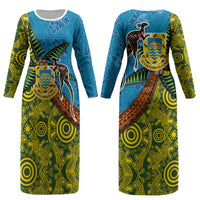 Tuvalu and Australia Together Couples Matching Long Sleeve Bodycon Dress and Hawaiian Shirt Tapa Pattern and Aboriginal mix Culture LT03 - Polynesian Pride