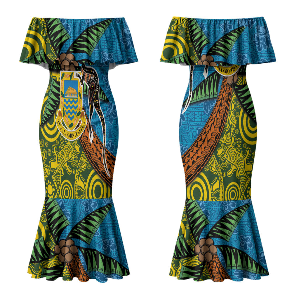 Tuvalu and Australia Together Couples Matching Mermaid Dress and Hawaiian Shirt Tapa Pattern and Aboriginal mix Culture LT03 - Polynesian Pride