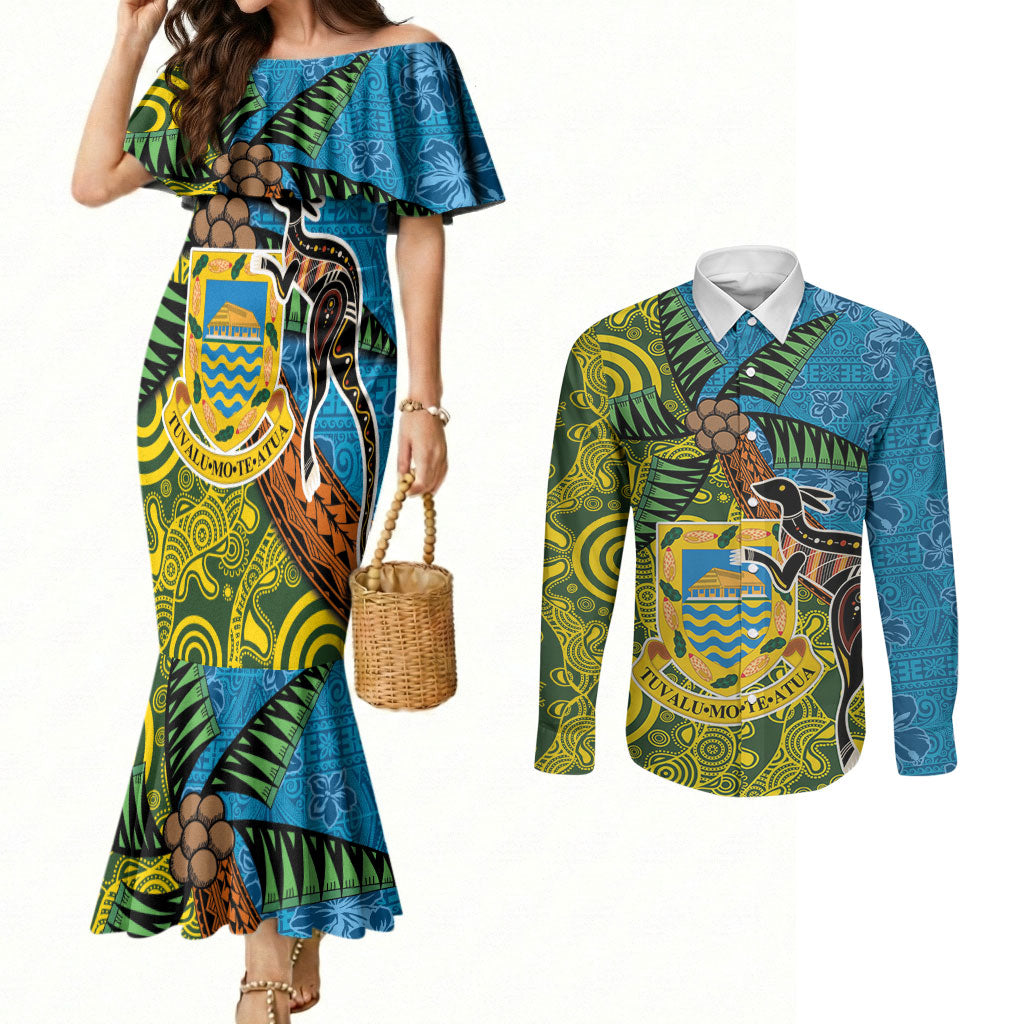Tuvalu and Australia Together Couples Matching Mermaid Dress and Long Sleeve Button Shirt Tapa Pattern and Aboriginal mix Culture LT03 Multicolor - Polynesian Pride