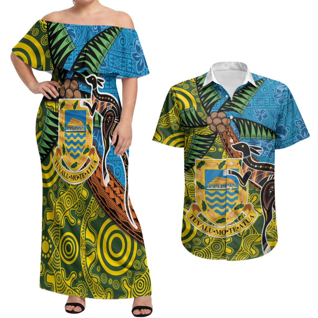 Tuvalu and Australia Together Couples Matching Off Shoulder Maxi Dress and Hawaiian Shirt Tapa Pattern and Aboriginal mix Culture LT03 Multicolor - Polynesian Pride
