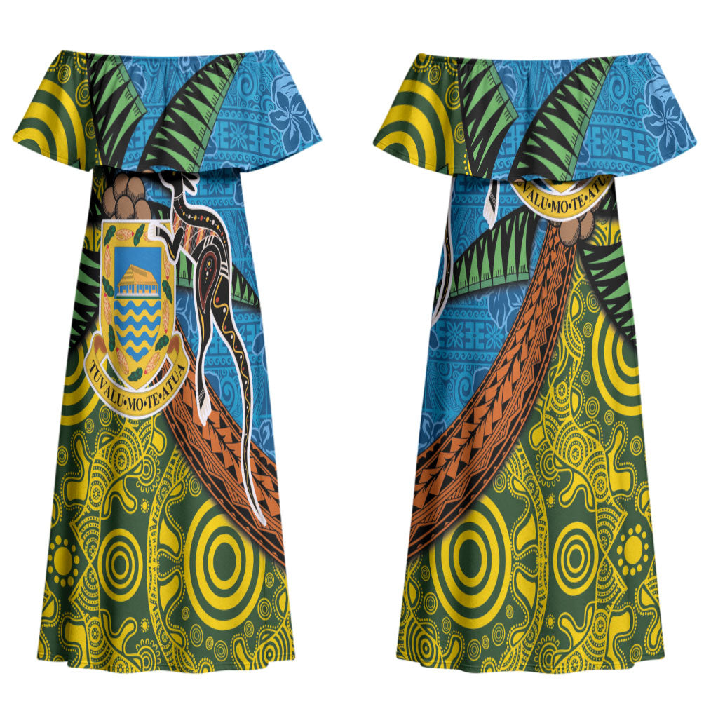 Tuvalu and Australia Together Couples Matching Off Shoulder Maxi Dress and Hawaiian Shirt Tapa Pattern and Aboriginal mix Culture LT03 - Polynesian Pride
