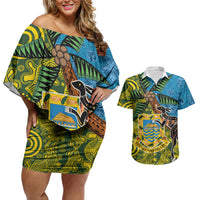Tuvalu and Australia Together Couples Matching Off Shoulder Short Dress and Hawaiian Shirt Tapa Pattern and Aboriginal mix Culture LT03 Multicolor - Polynesian Pride
