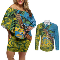 Tuvalu and Australia Together Couples Matching Off Shoulder Short Dress and Long Sleeve Button Shirt Tapa Pattern and Aboriginal mix Culture LT03 Multicolor - Polynesian Pride