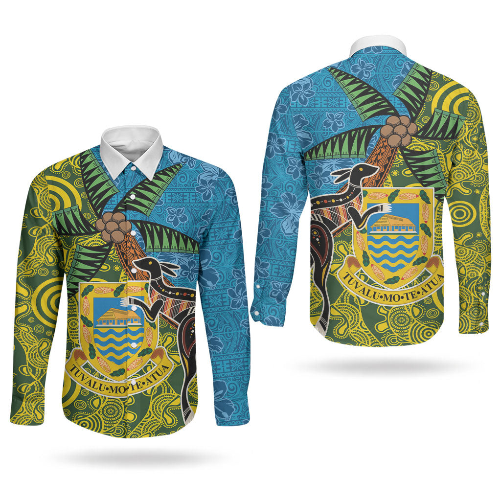 Tuvalu and Australia Together Couples Matching Off Shoulder Short Dress and Long Sleeve Button Shirt Tapa Pattern and Aboriginal mix Culture LT03 - Polynesian Pride