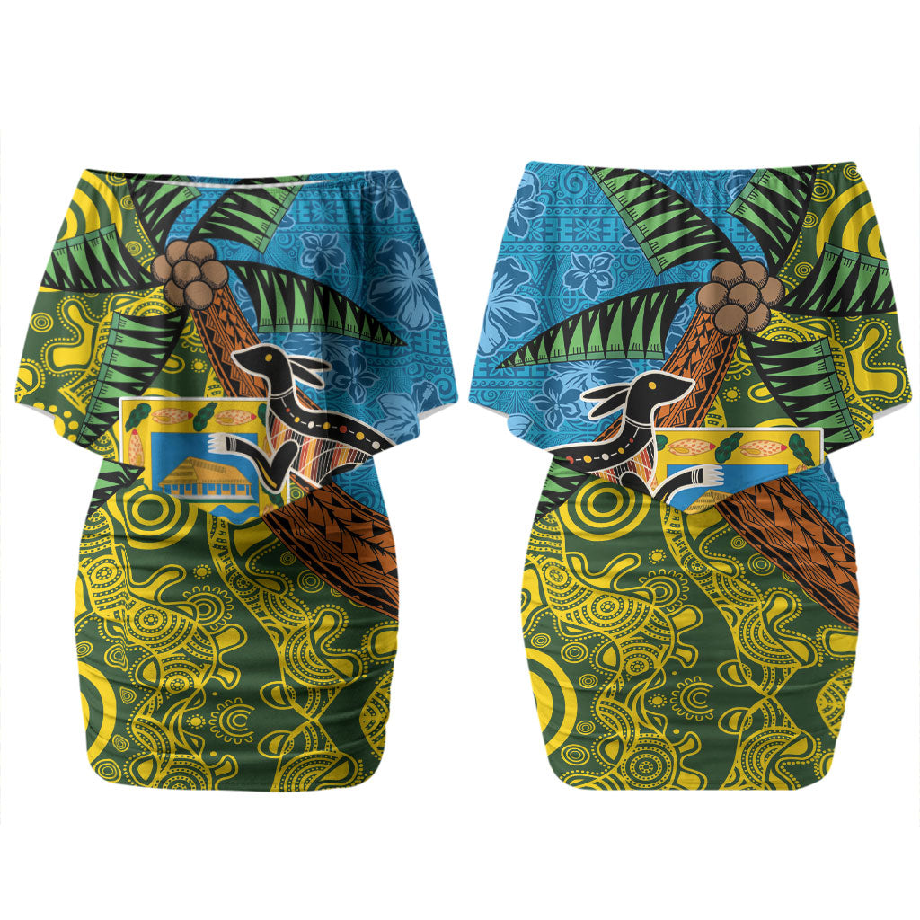 Tuvalu and Australia Together Couples Matching Off Shoulder Short Dress and Long Sleeve Button Shirt Tapa Pattern and Aboriginal mix Culture LT03 - Polynesian Pride