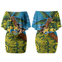 Tuvalu and Australia Together Couples Matching Off Shoulder Short Dress and Long Sleeve Button Shirt Tapa Pattern and Aboriginal mix Culture LT03 - Polynesian Pride