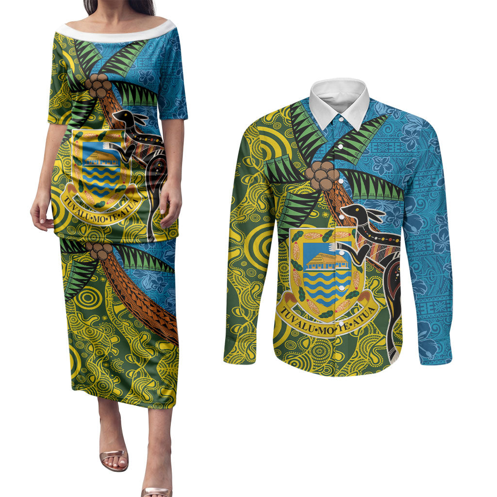 Tuvalu and Australia Together Couples Matching Puletasi and Long Sleeve Button Shirt Tapa Pattern and Aboriginal mix Culture LT03 Multicolor - Polynesian Pride