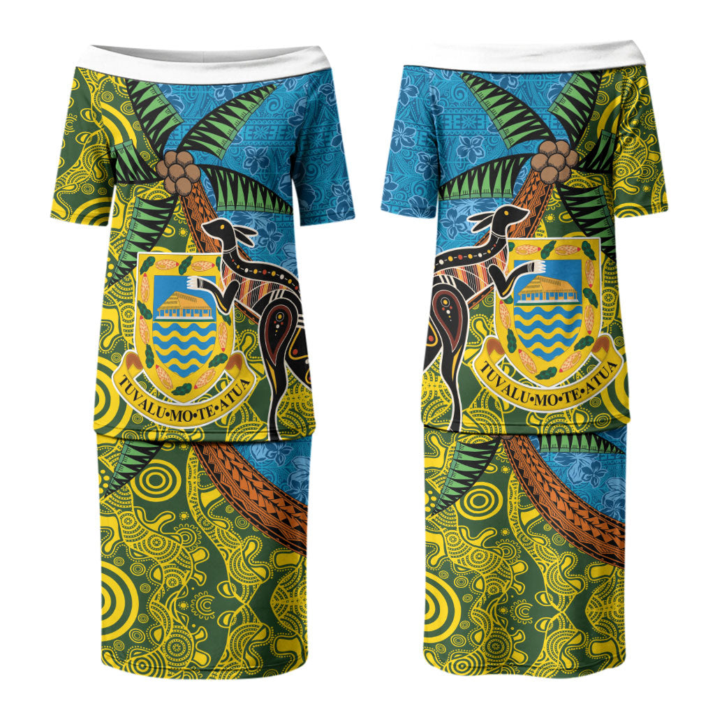 Tuvalu and Australia Together Couples Matching Puletasi and Long Sleeve Button Shirt Tapa Pattern and Aboriginal mix Culture LT03 - Polynesian Pride