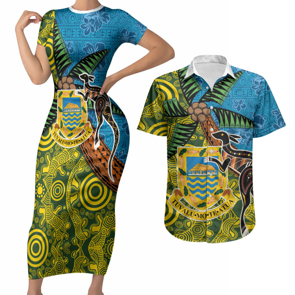 Tuvalu and Australia Together Couples Matching Short Sleeve Bodycon Dress and Hawaiian Shirt Tapa Pattern and Aboriginal mix Culture LT03 Multicolor - Polynesian Pride