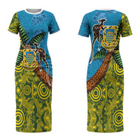 Tuvalu and Australia Together Couples Matching Short Sleeve Bodycon Dress and Hawaiian Shirt Tapa Pattern and Aboriginal mix Culture LT03 - Polynesian Pride