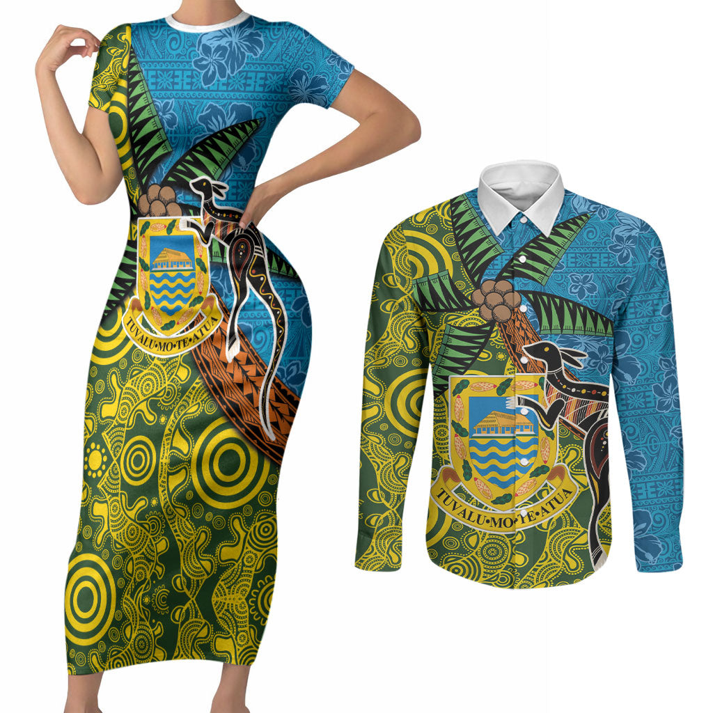 Tuvalu and Australia Together Couples Matching Short Sleeve Bodycon Dress and Long Sleeve Button Shirt Tapa Pattern and Aboriginal mix Culture LT03 Multicolor - Polynesian Pride