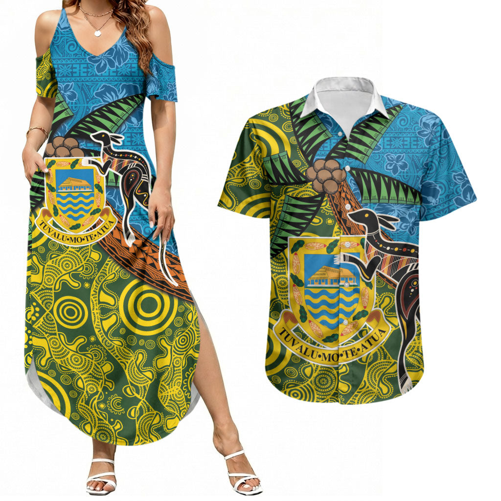 Tuvalu and Australia Together Couples Matching Summer Maxi Dress and Hawaiian Shirt Tapa Pattern and Aboriginal mix Culture LT03 Multicolor - Polynesian Pride