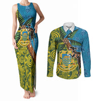 Tuvalu and Australia Together Couples Matching Tank Maxi Dress and Long Sleeve Button Shirt Tapa Pattern and Aboriginal mix Culture LT03 Multicolor - Polynesian Pride