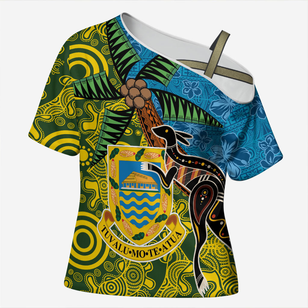 Tuvalu and Australia Together Cross Shoulder Shirt Tapa Pattern and Aboriginal mix Culture LT03 Female Multicolor - Polynesian Pride