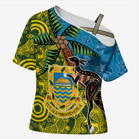 Tuvalu and Australia Together Cross Shoulder Shirt Tapa Pattern and Aboriginal mix Culture LT03 Female Multicolor - Polynesian Pride