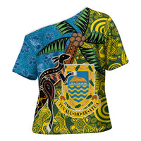 Tuvalu and Australia Together Cross Shoulder Shirt Tapa Pattern and Aboriginal mix Culture LT03 - Polynesian Pride