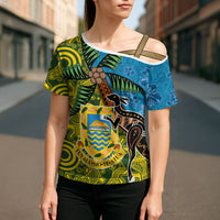 Tuvalu and Australia Together Cross Shoulder Shirt Tapa Pattern and Aboriginal mix Culture LT03 - Polynesian Pride