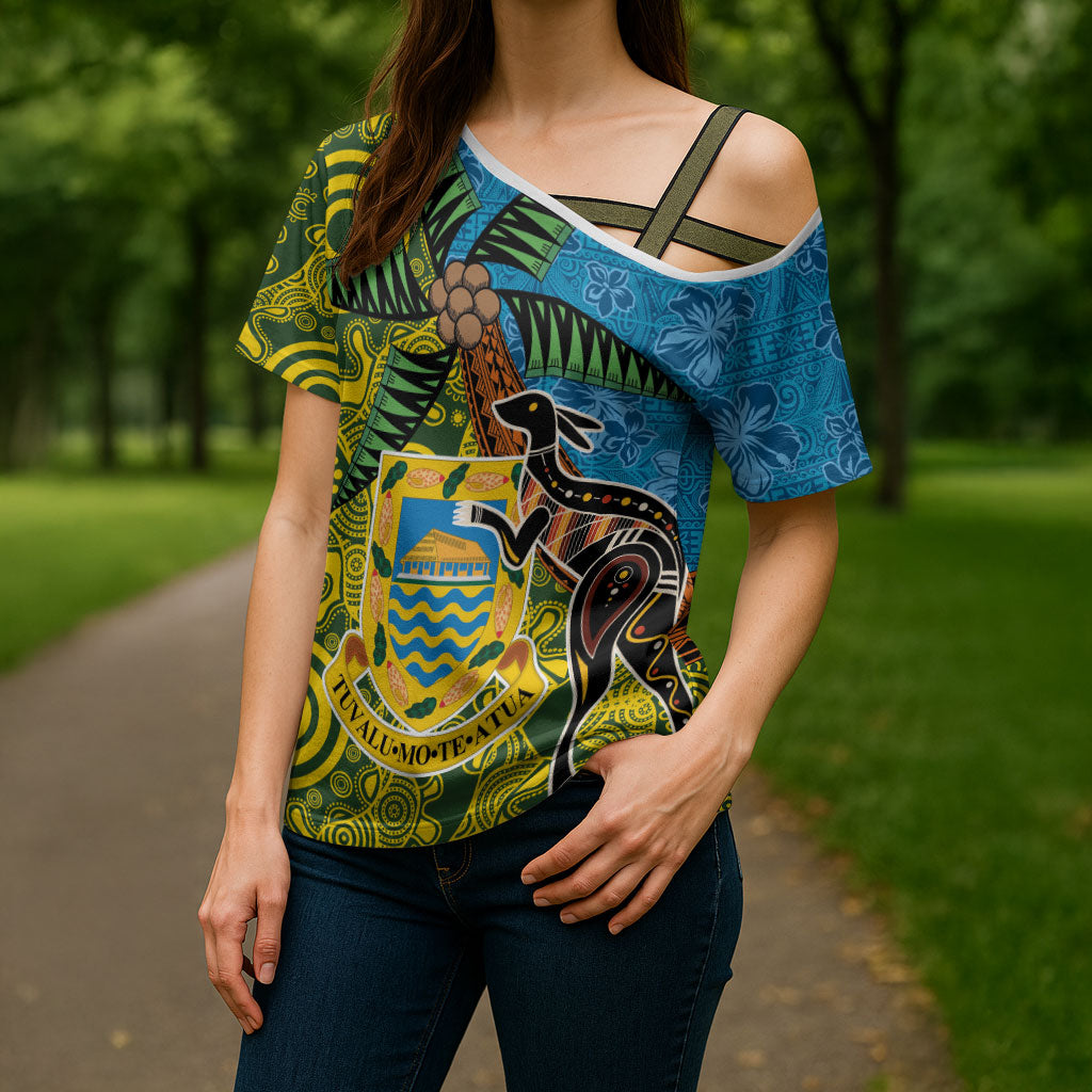 Tuvalu and Australia Together Cross Shoulder Shirt Tapa Pattern and Aboriginal mix Culture LT03 - Polynesian Pride