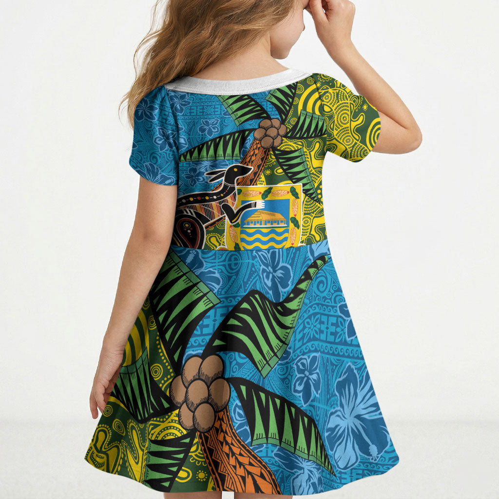 Tuvalu and Australia Together Kid Short Sleeve Dress Tapa Pattern and Aboriginal mix Culture LT03 - Polynesian Pride