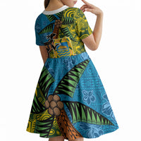 Tuvalu and Australia Together Kid Short Sleeve Dress Tapa Pattern and Aboriginal mix Culture LT03 - Polynesian Pride