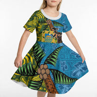 Tuvalu and Australia Together Kid Short Sleeve Dress Tapa Pattern and Aboriginal mix Culture LT03 - Polynesian Pride