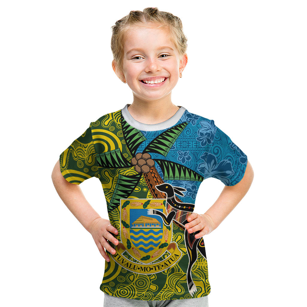 Tuvalu and Australia Together Kid T Shirt Tapa Pattern and Aboriginal mix Culture LT03 Multicolor - Polynesian Pride