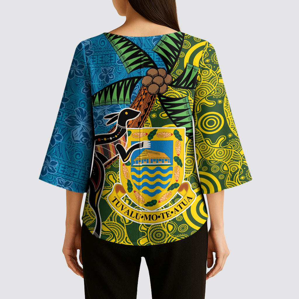 Tuvalu and Australia Together Kimono Sleeve Blouse Tapa Pattern and Aboriginal mix Culture LT03 - Polynesian Pride