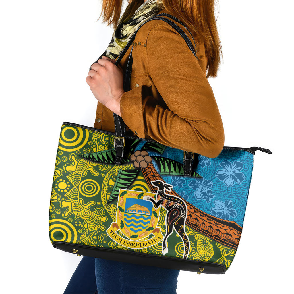 Tuvalu and Australia Together Leather Tote Bag Tapa Pattern and Aboriginal mix Culture LT03 Multicolor - Polynesian Pride