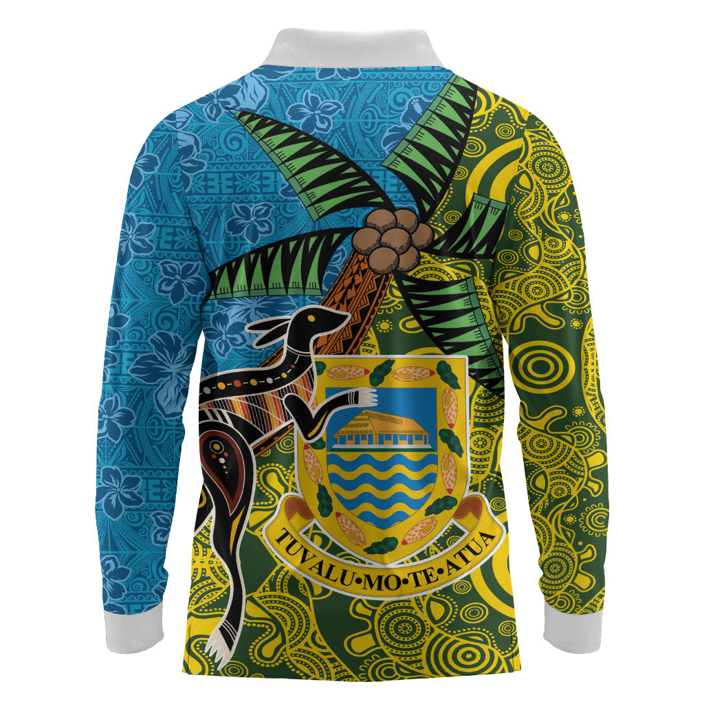 Tuvalu and Australia Together Long Sleeve Polo Shirt Tapa Pattern and Aboriginal mix Culture LT03 - Polynesian Pride