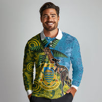 Tuvalu and Australia Together Long Sleeve Polo Shirt Tapa Pattern and Aboriginal mix Culture LT03 - Polynesian Pride