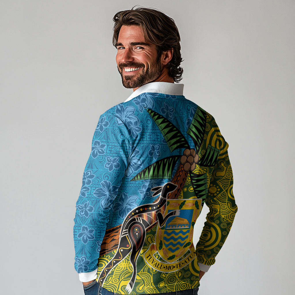 Tuvalu and Australia Together Long Sleeve Polo Shirt Tapa Pattern and Aboriginal mix Culture LT03 - Polynesian Pride
