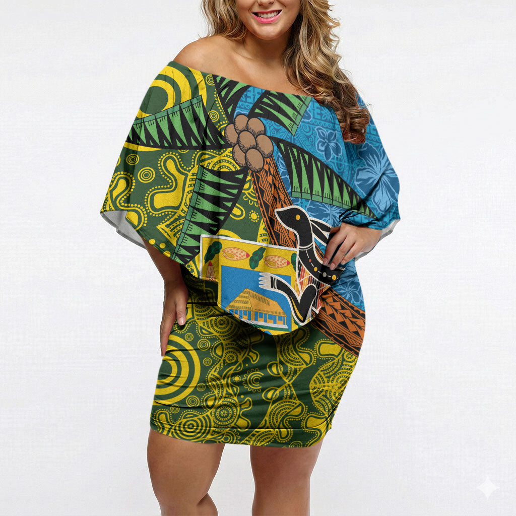 Tuvalu and Australia Together Off Shoulder Short Dress Tapa Pattern and Aboriginal mix Culture LT03 Women Multicolor - Polynesian Pride