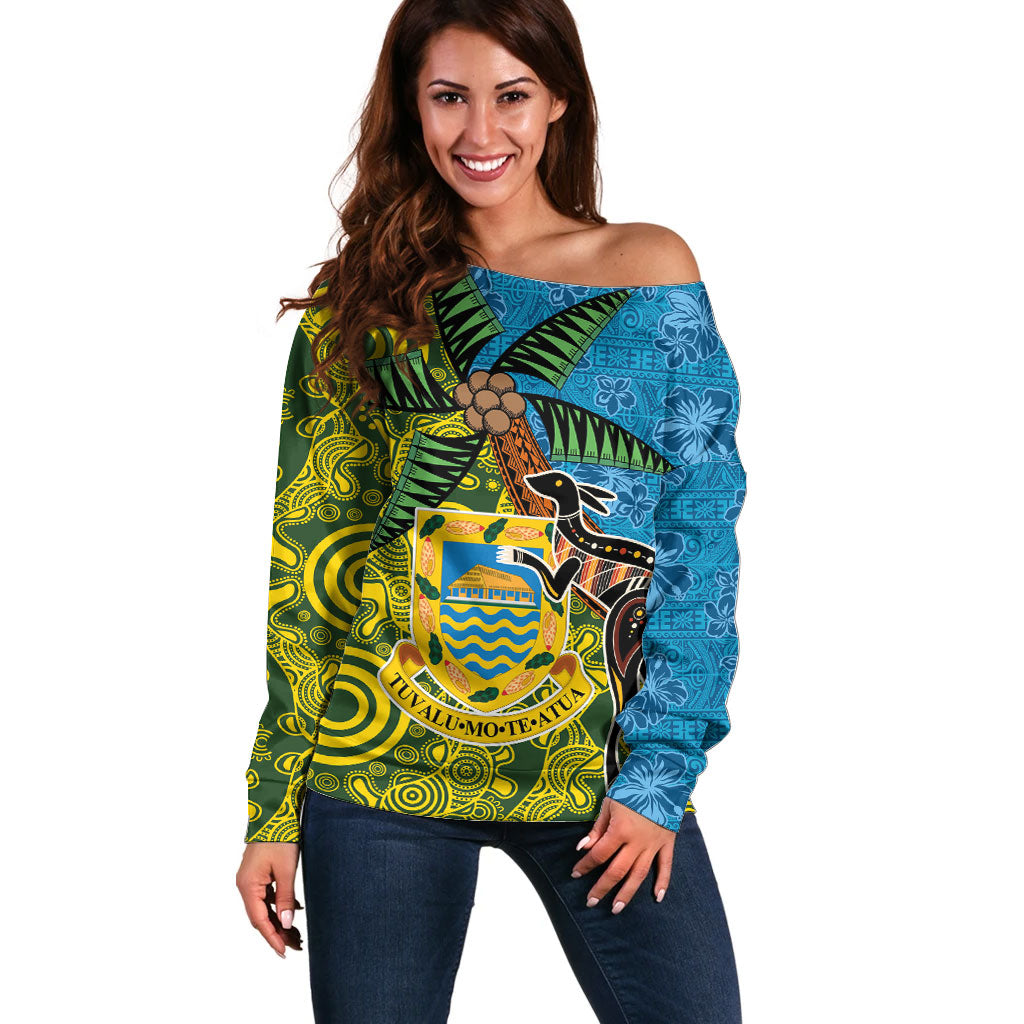 Tuvalu and Australia Together Off Shoulder Sweater Tapa Pattern and Aboriginal mix Culture LT03 Women Multicolor - Polynesian Pride