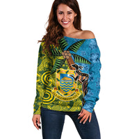 Tuvalu and Australia Together Off Shoulder Sweater Tapa Pattern and Aboriginal mix Culture LT03 Women Multicolor - Polynesian Pride