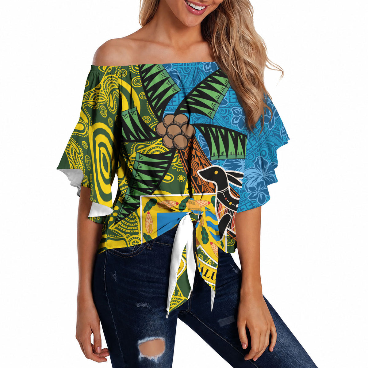 Tuvalu and Australia Together Off Shoulder Wrap Waist Top Tapa Pattern and Aboriginal mix Culture LT03 - Polynesian Pride