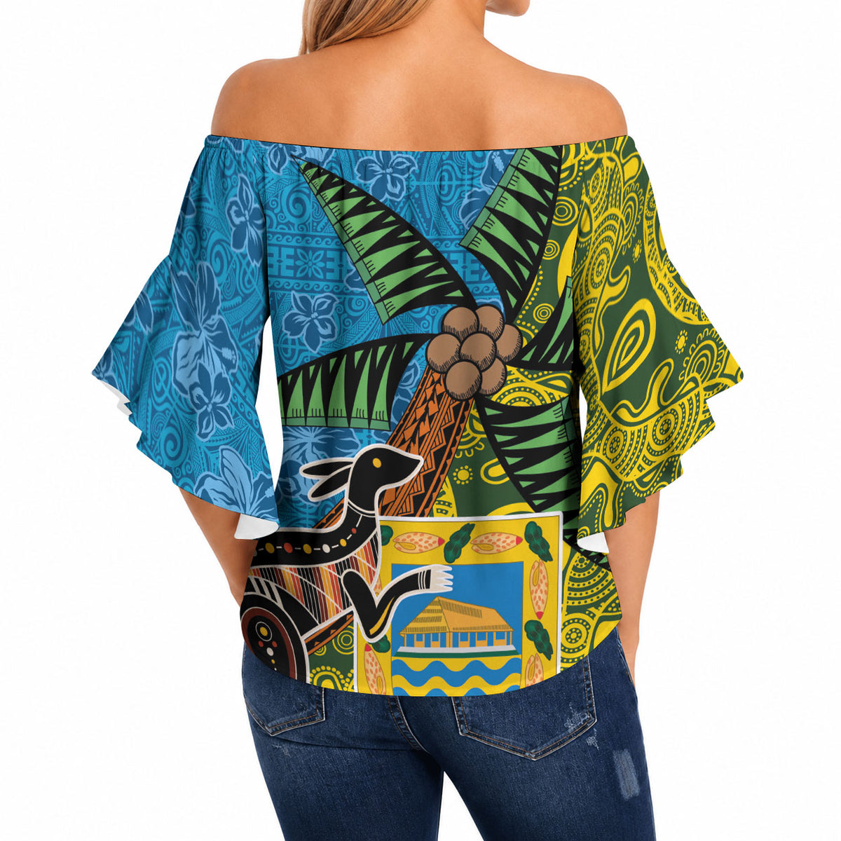 Tuvalu and Australia Together Off Shoulder Wrap Waist Top Tapa Pattern and Aboriginal mix Culture LT03 - Polynesian Pride