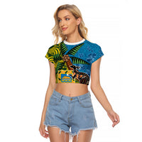Tuvalu and Australia Together Raglan Cropped T Shirt Tapa Pattern and Aboriginal mix Culture LT03 Female Multicolor - Polynesian Pride