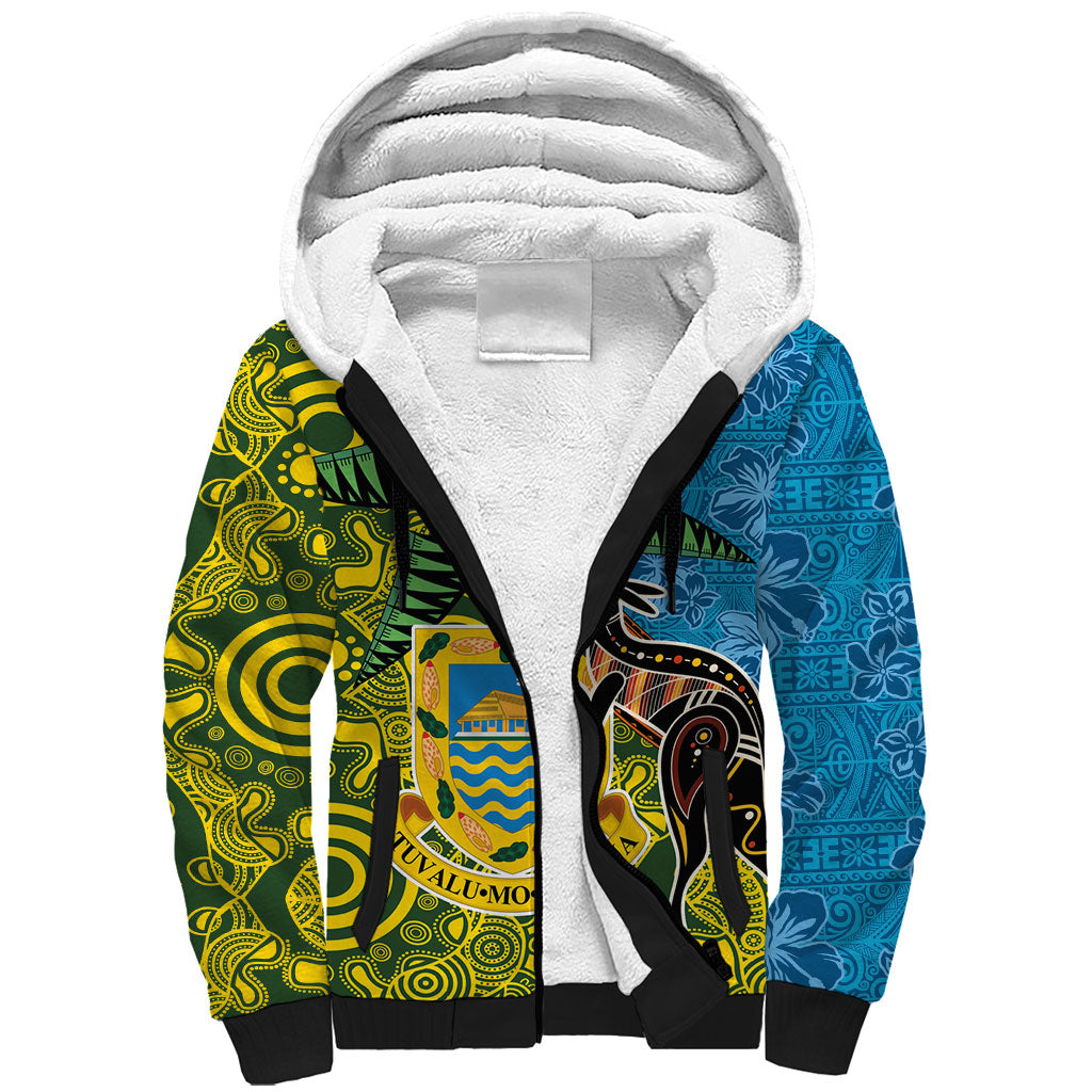 Tuvalu and Australia Together Sherpa Hoodie Tapa Pattern and Aboriginal mix Culture LT03 Unisex Multicolor - Polynesian Pride