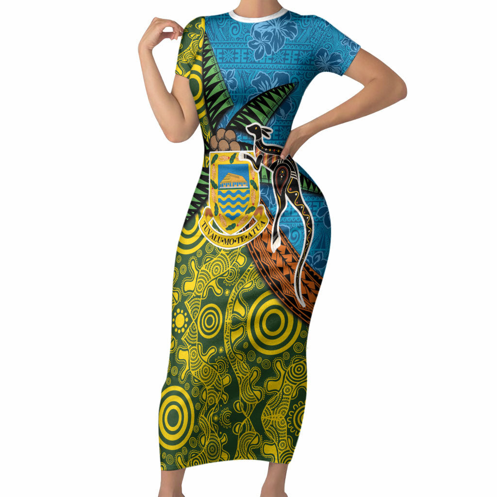 Tuvalu and Australia Together Short Sleeve Bodycon Dress Tapa Pattern and Aboriginal mix Culture LT03 Long Dress Multicolor - Polynesian Pride