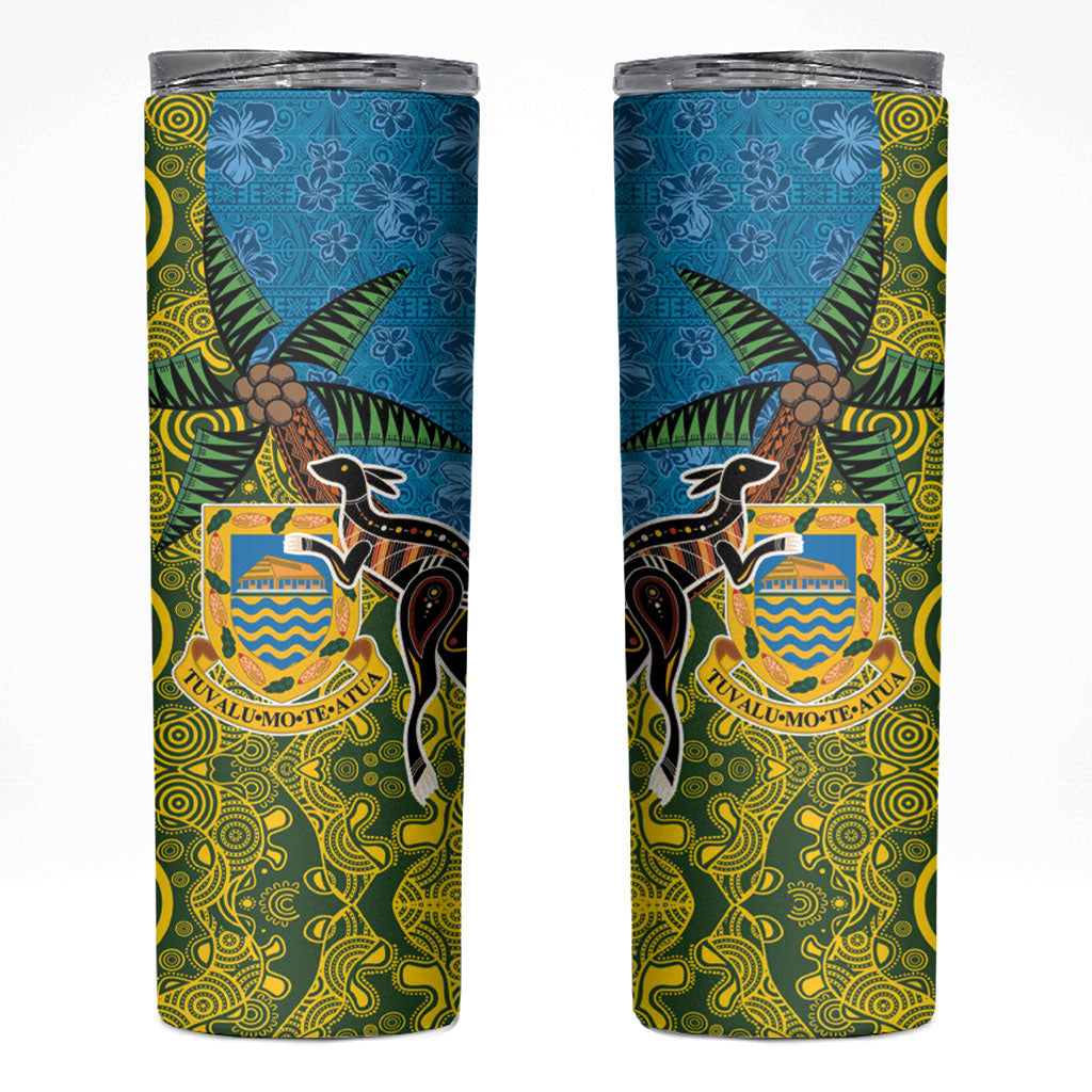 Tuvalu and Australia Together Skinny Tumbler Tapa Pattern and Aboriginal mix Culture LT03 Multicolor - Polynesian Pride