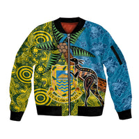 Tuvalu and Australia Together Sleeve Zip Bomber Jacket Tapa Pattern and Aboriginal mix Culture LT03 Unisex Multicolor - Polynesian Pride
