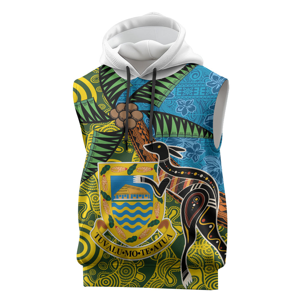 Tuvalu and Australia Together Sleeveless Hoodie Tapa Pattern and Aboriginal mix Culture LT03 Multicolor - Polynesian Pride