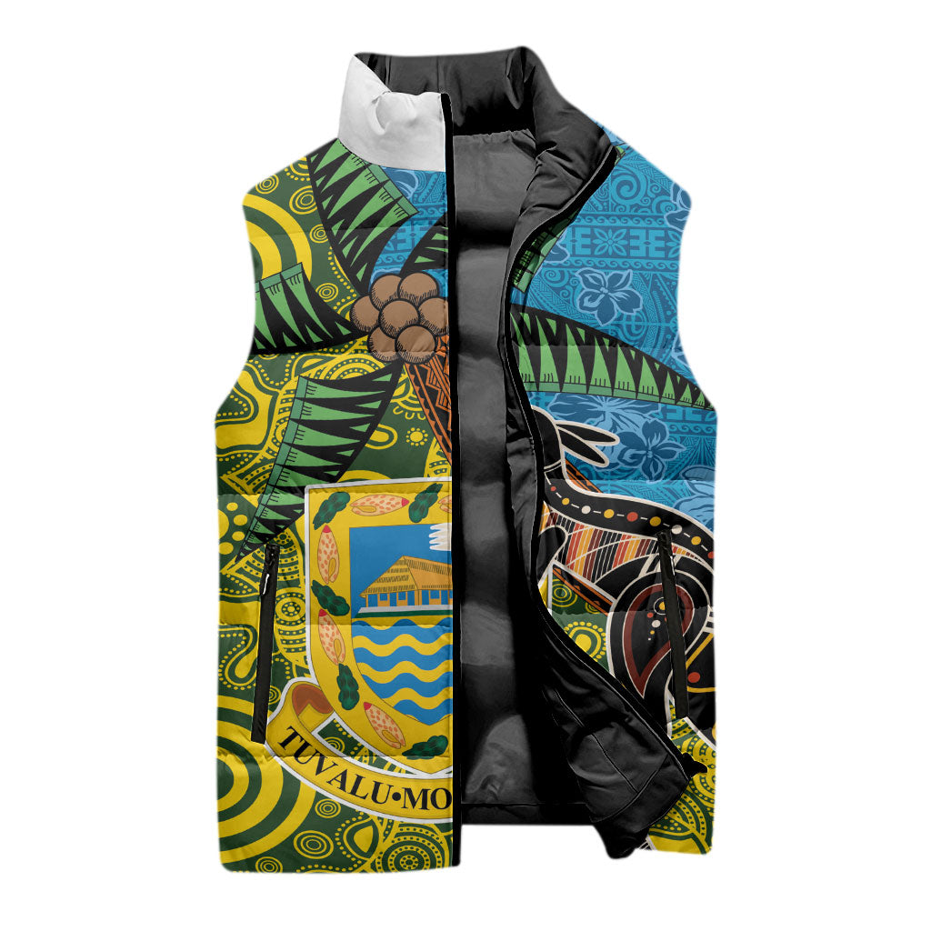 Tuvalu and Australia Together Sleeveless Puffer Jacket Tapa Pattern and Aboriginal mix Culture LT03 - Polynesian Pride